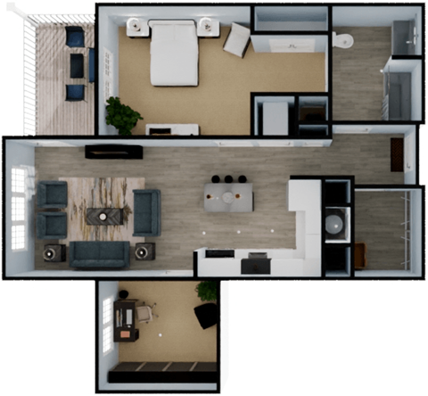 A top-down view of a modern apartment layout with a living room, kitchen, and bedroom.